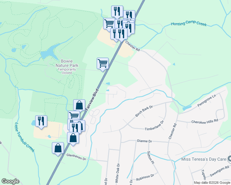map of restaurants, bars, coffee shops, grocery stores, and more near 7405 Rice Court in Fairview