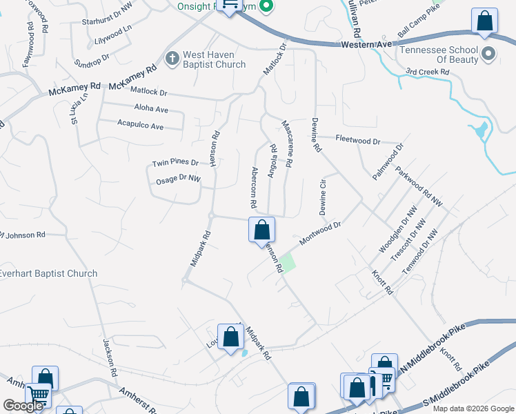 map of restaurants, bars, coffee shops, grocery stores, and more near 4100 Abercorn Road in Knoxville