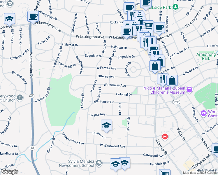 map of restaurants, bars, coffee shops, grocery stores, and more near 539 West Parkway Avenue in High Point