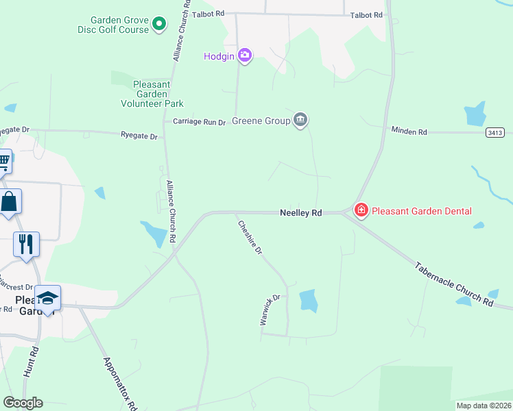 map of restaurants, bars, coffee shops, grocery stores, and more near 1707 Neelley Road in Pleasant Garden