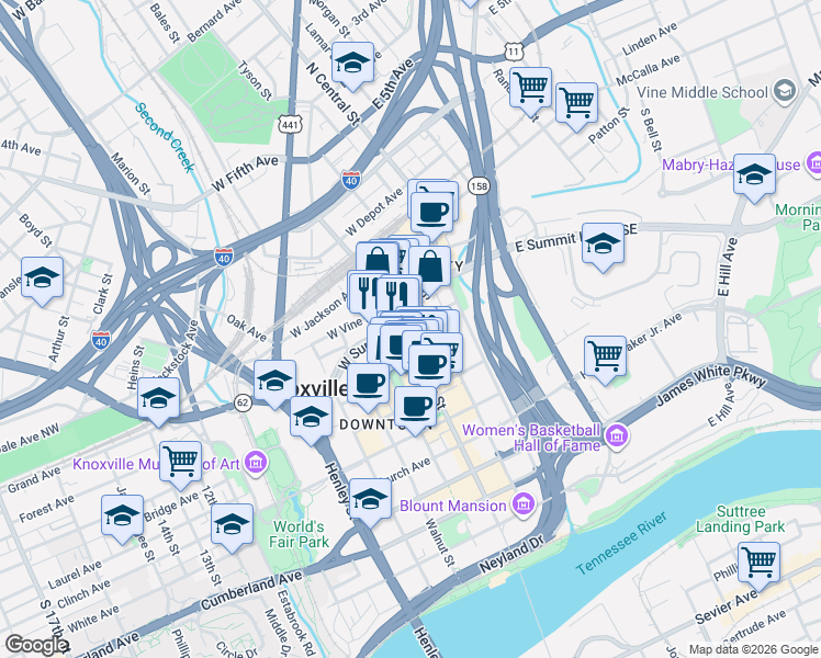 map of restaurants, bars, coffee shops, grocery stores, and more near in Knoxville