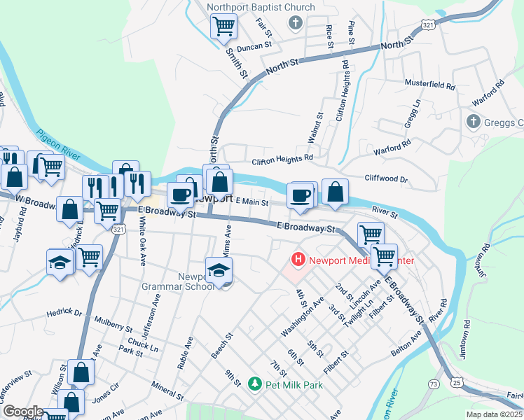 map of restaurants, bars, coffee shops, grocery stores, and more near 111 Court Avenue in Newport
