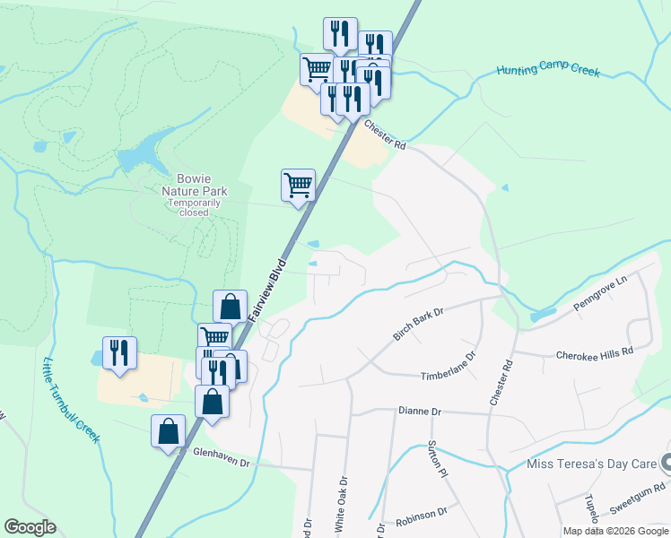 map of restaurants, bars, coffee shops, grocery stores, and more near 7405 Rice Court in Fairview