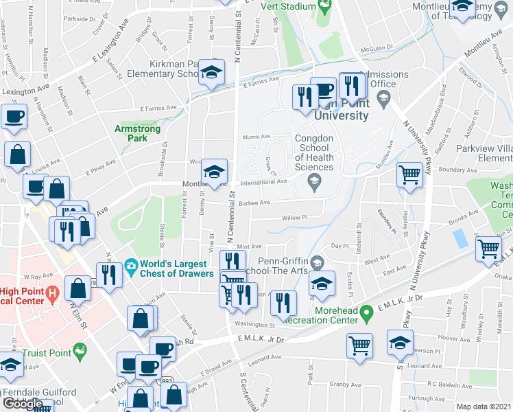 map of restaurants, bars, coffee shops, grocery stores, and more near 802 Barbee Avenue in High Point
