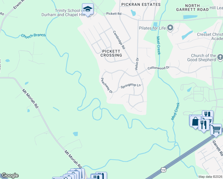 map of restaurants, bars, coffee shops, grocery stores, and more near 4210 Peachway Drive in Durham