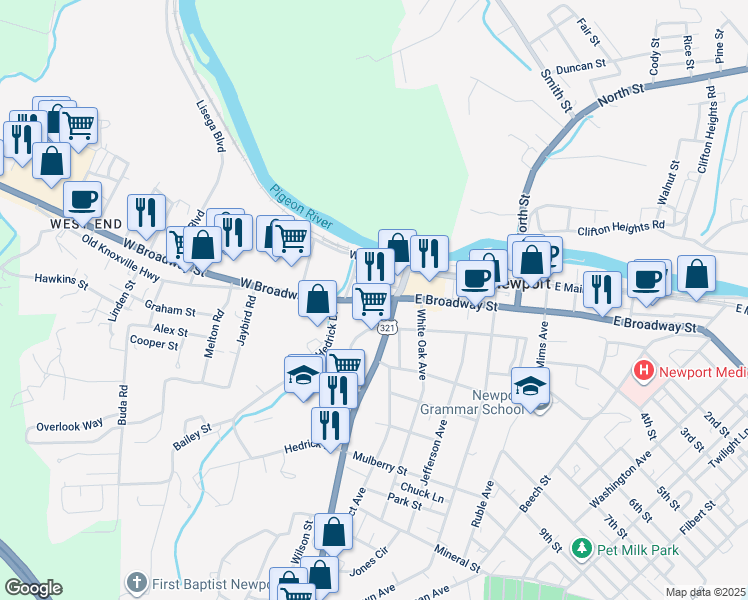 map of restaurants, bars, coffee shops, grocery stores, and more near Highway 9 in Newport