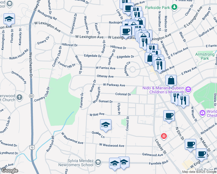 map of restaurants, bars, coffee shops, grocery stores, and more near 539 West Parkway Avenue in High Point