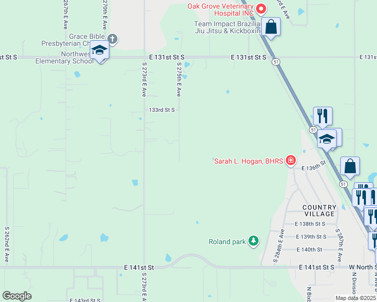 map of restaurants, bars, coffee shops, grocery stores, and more near 13547 South 275th East Avenue in Coweta