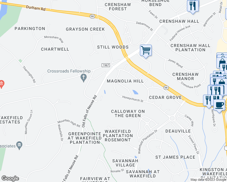 map of restaurants, bars, coffee shops, grocery stores, and more near 12557 Honeychurch Street in Raleigh