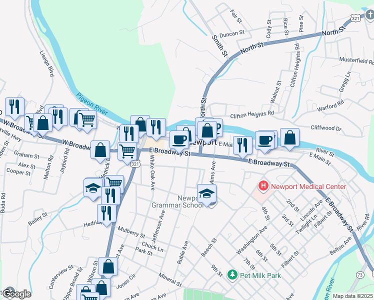 map of restaurants, bars, coffee shops, grocery stores, and more near 111 North Woodlawn Avenue in Newport