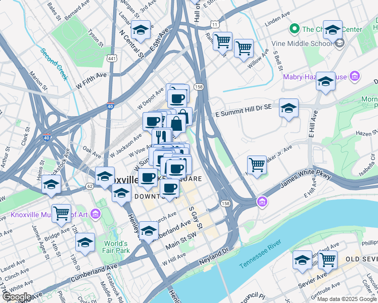 map of restaurants, bars, coffee shops, grocery stores, and more near 400 State Street in Knoxville