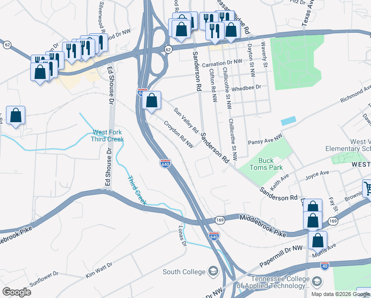 map of restaurants, bars, coffee shops, grocery stores, and more near 2302 Croydon Road Northwest in Knoxville