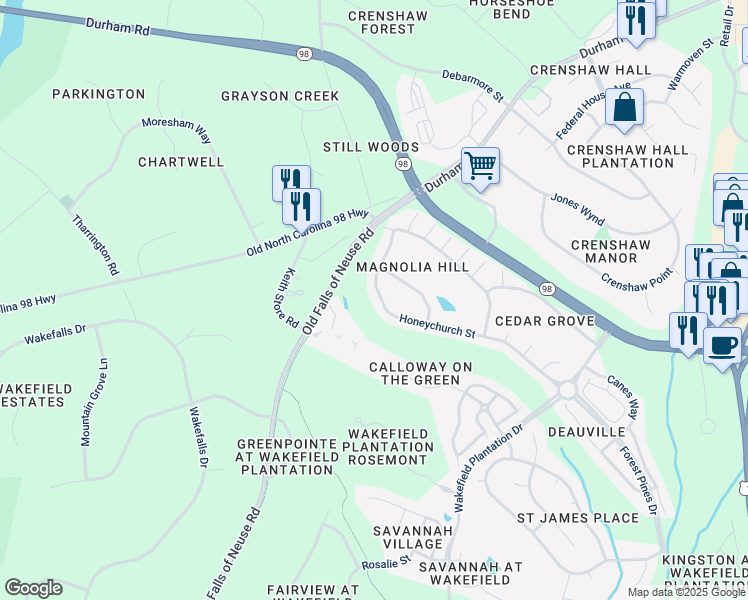 map of restaurants, bars, coffee shops, grocery stores, and more near 12557 Honeychurch Street in Raleigh