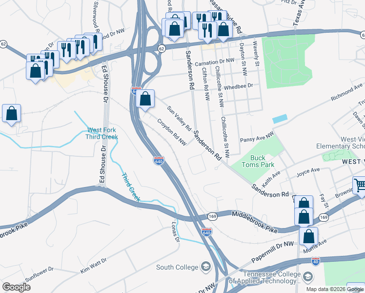 map of restaurants, bars, coffee shops, grocery stores, and more near 2302 Croydon Road Northwest in Knoxville