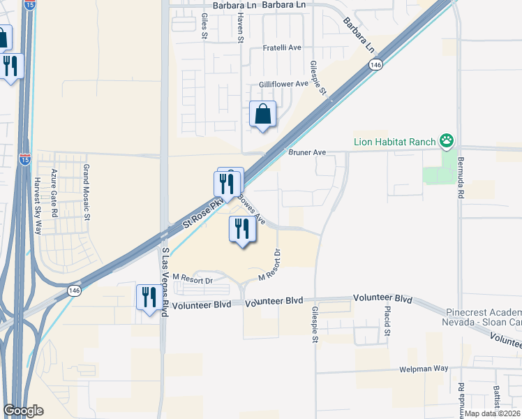 map of restaurants, bars, coffee shops, grocery stores, and more near Bowes Avenue in Henderson