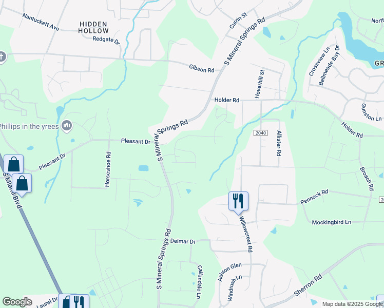 map of restaurants, bars, coffee shops, grocery stores, and more near 1023 South Mineral Springs Road in Durham