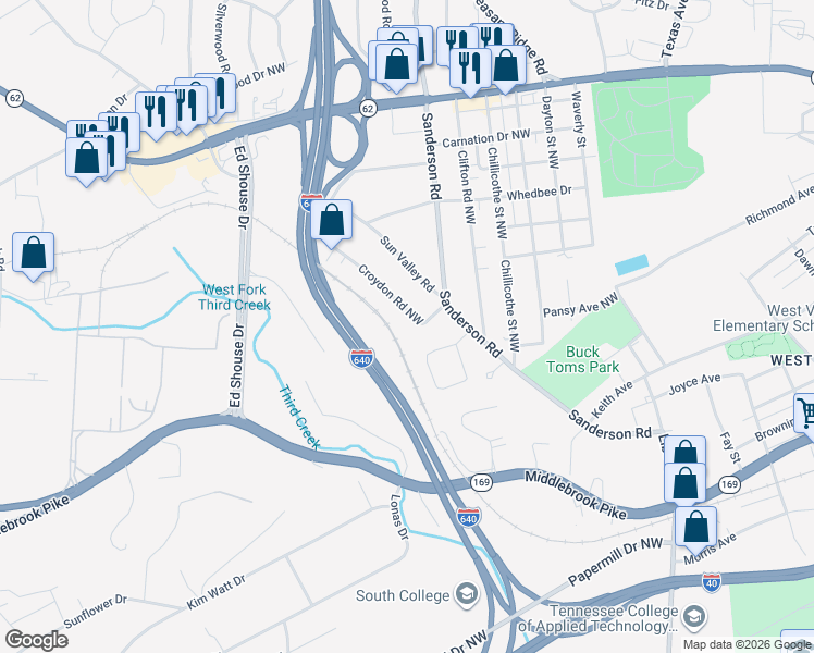 map of restaurants, bars, coffee shops, grocery stores, and more near 2302 Croydon Road Northwest in Knoxville