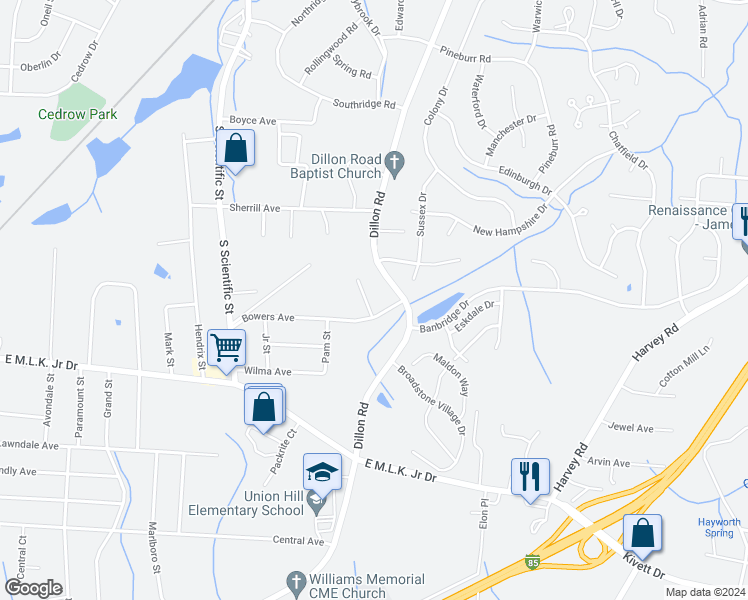 map of restaurants, bars, coffee shops, grocery stores, and more near 1717 Challock Way in High Point