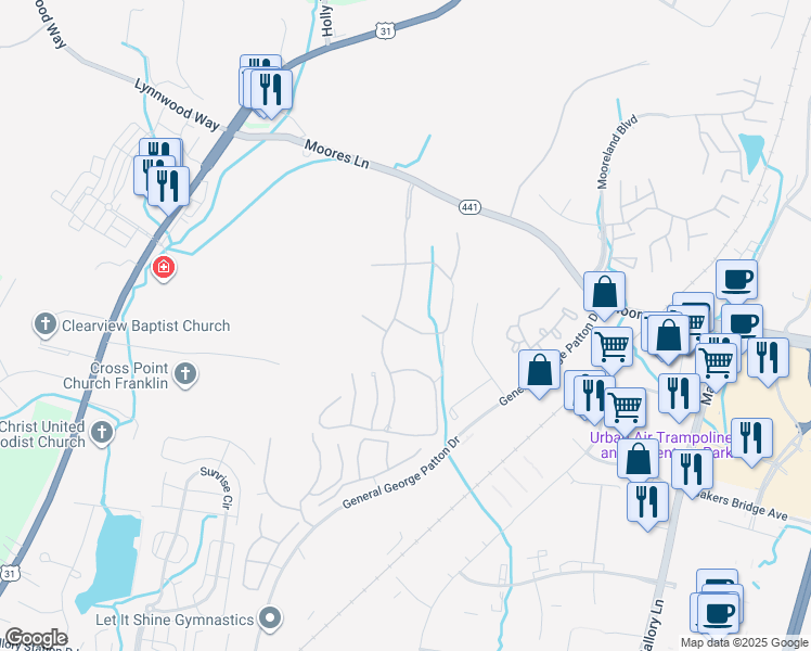 map of restaurants, bars, coffee shops, grocery stores, and more near 135 Cook's Court in Brentwood