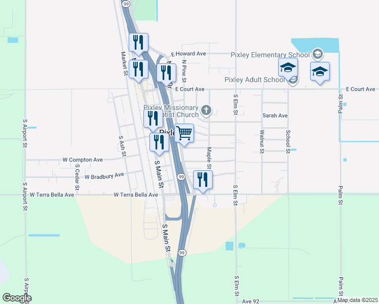 map of restaurants, bars, coffee shops, grocery stores, and more near 688 South Park Drive in Pixley