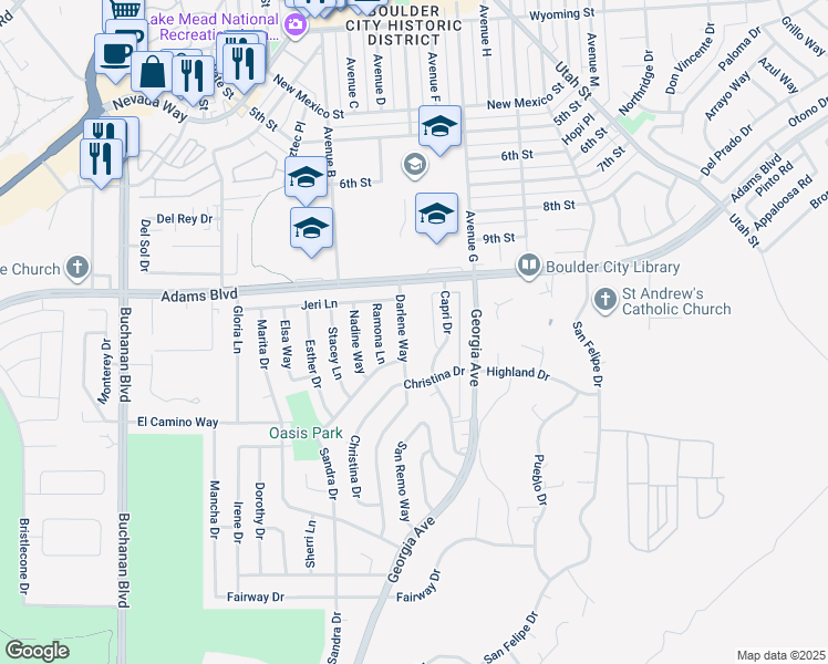 map of restaurants, bars, coffee shops, grocery stores, and more near 1307 Darlene Way in Boulder City