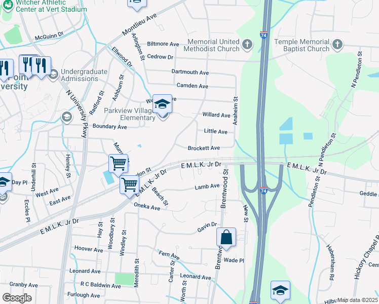 map of restaurants, bars, coffee shops, grocery stores, and more near 1616 Brockett Avenue in High Point