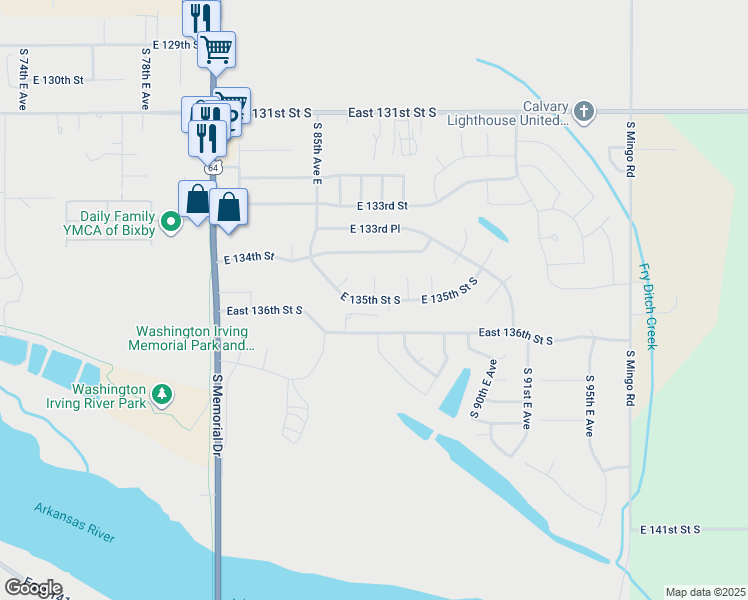 map of restaurants, bars, coffee shops, grocery stores, and more near East 135th Street in Bixby
