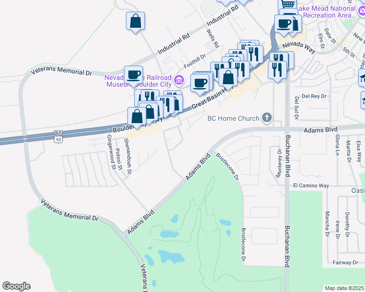 map of restaurants, bars, coffee shops, grocery stores, and more near 1317 Yucca Street in Boulder City