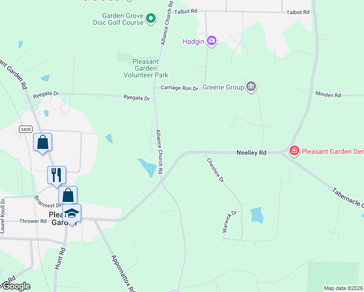 map of restaurants, bars, coffee shops, grocery stores, and more near 1615 Neelley Road in Pleasant Garden