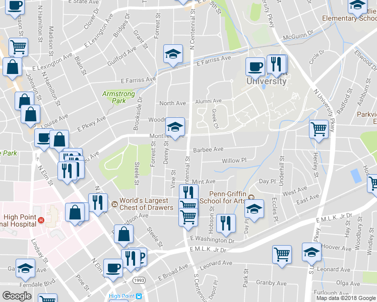 map of restaurants, bars, coffee shops, grocery stores, and more near 700 Barbee Avenue in High Point