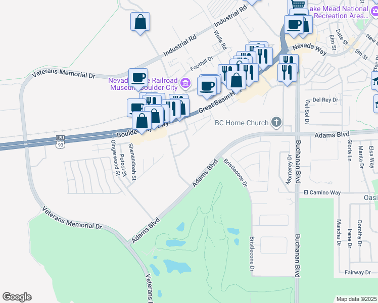 map of restaurants, bars, coffee shops, grocery stores, and more near 1317 Yucca Street in Boulder City
