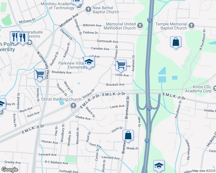 map of restaurants, bars, coffee shops, grocery stores, and more near 1618 Brockett Avenue in High Point