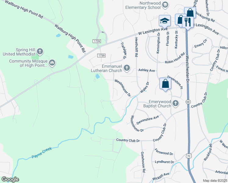 map of restaurants, bars, coffee shops, grocery stores, and more near 1312 Gilbrook Court in High Point