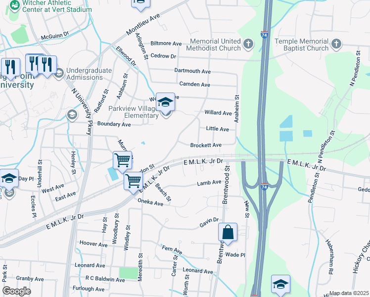 map of restaurants, bars, coffee shops, grocery stores, and more near 1610 Brockett Avenue in High Point