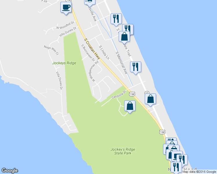 map of restaurants, bars, coffee shops, grocery stores, and more near 216 South Cuttysark Lane in Kill Devil Hills