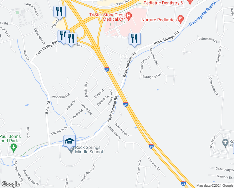 map of restaurants, bars, coffee shops, grocery stores, and more near 2733 Rock Springs Road in Smyrna