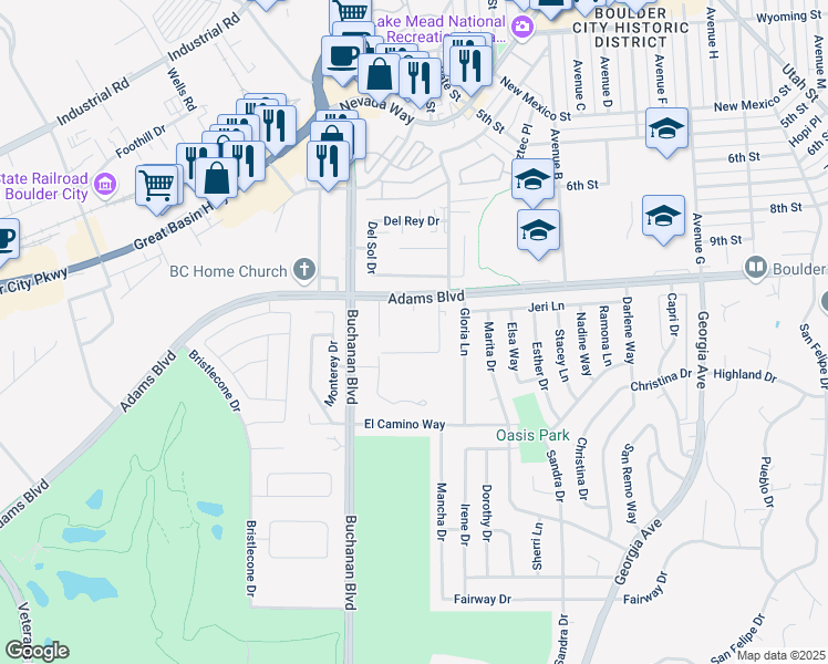 map of restaurants, bars, coffee shops, grocery stores, and more near 901 Adams Blvd in Boulder City
