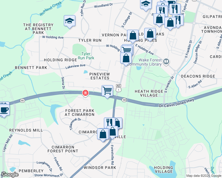 map of restaurants, bars, coffee shops, grocery stores, and more near 1022 South Main Street in Wake Forest