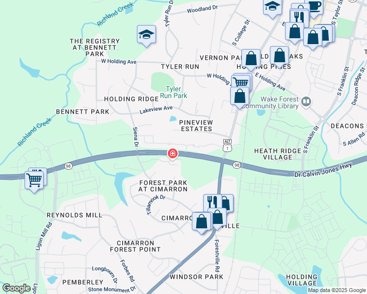 map of restaurants, bars, coffee shops, grocery stores, and more near 572 Brunello Drive in Wake Forest
