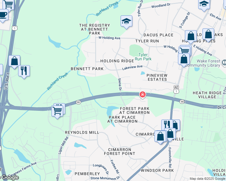 map of restaurants, bars, coffee shops, grocery stores, and more near 3412 Donner Trail in Wake Forest