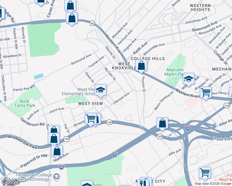 map of restaurants, bars, coffee shops, grocery stores, and more near 2528 Ramona Avenue Northwest in Knoxville