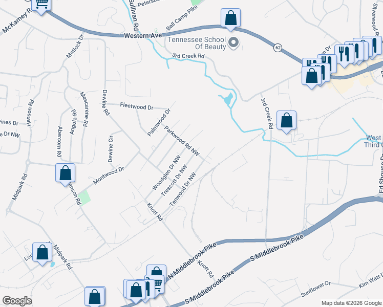 map of restaurants, bars, coffee shops, grocery stores, and more near 5006 Trescott Drive Northwest in Knoxville