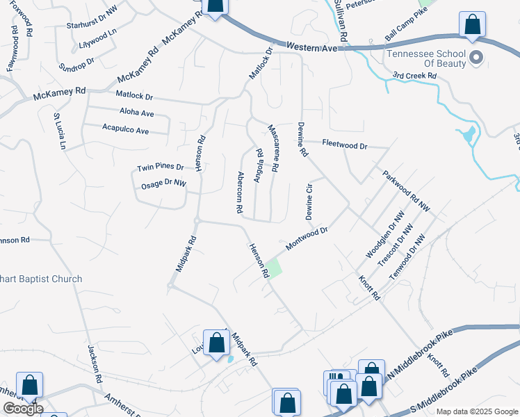 map of restaurants, bars, coffee shops, grocery stores, and more near 4100 Abercorn Road in Knoxville