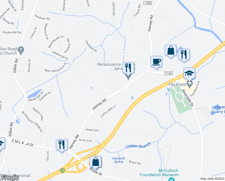 map of restaurants, bars, coffee shops, grocery stores, and more near 4008 Banbridge Drive in High Point