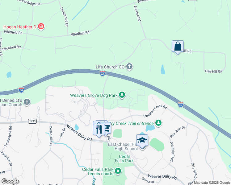 map of restaurants, bars, coffee shops, grocery stores, and more near 7510 Sunrise Road in Chapel Hill