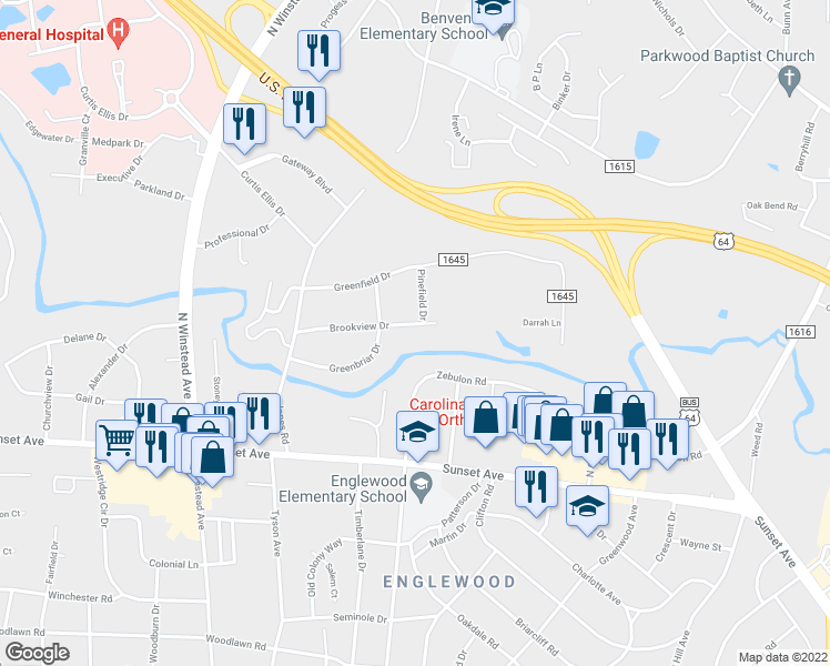 map of restaurants, bars, coffee shops, grocery stores, and more near 3301 Brookview Drive in Rocky Mount