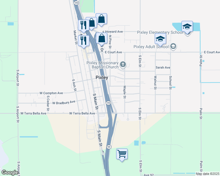 map of restaurants, bars, coffee shops, grocery stores, and more near 688 South Park Drive in Pixley