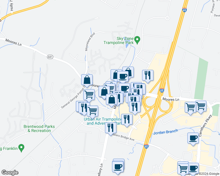 map of restaurants, bars, coffee shops, grocery stores, and more near 7086 Moores Lane in Brentwood