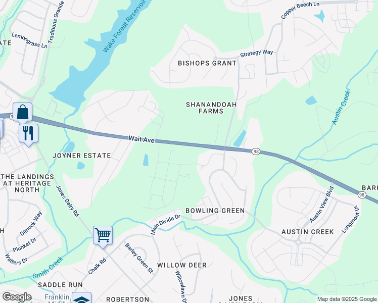 map of restaurants, bars, coffee shops, grocery stores, and more near 1494 Wait Avenue in Wake Forest