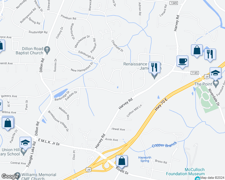 map of restaurants, bars, coffee shops, grocery stores, and more near 3871 Banbridge Drive in Jamestown